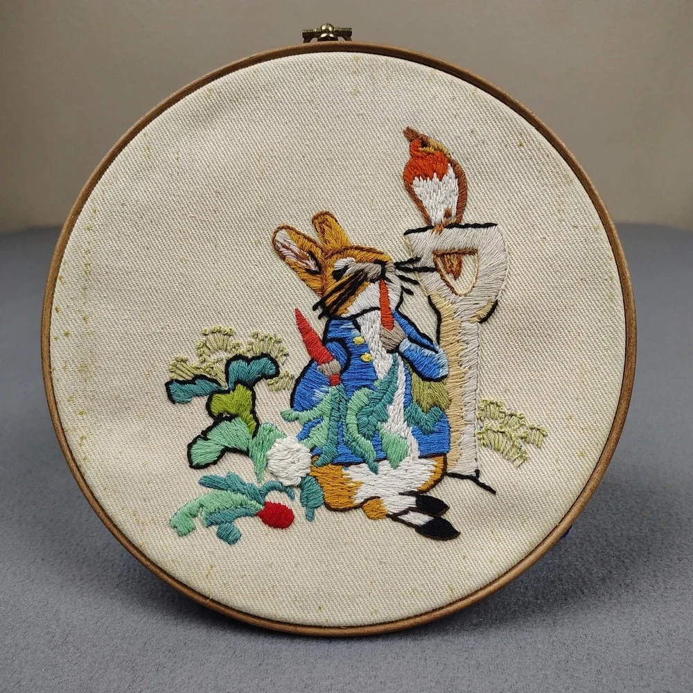 Vintage Needlepoint On Hoop Peter Rabbit In Garden Charming MCM Wall Hanging 8